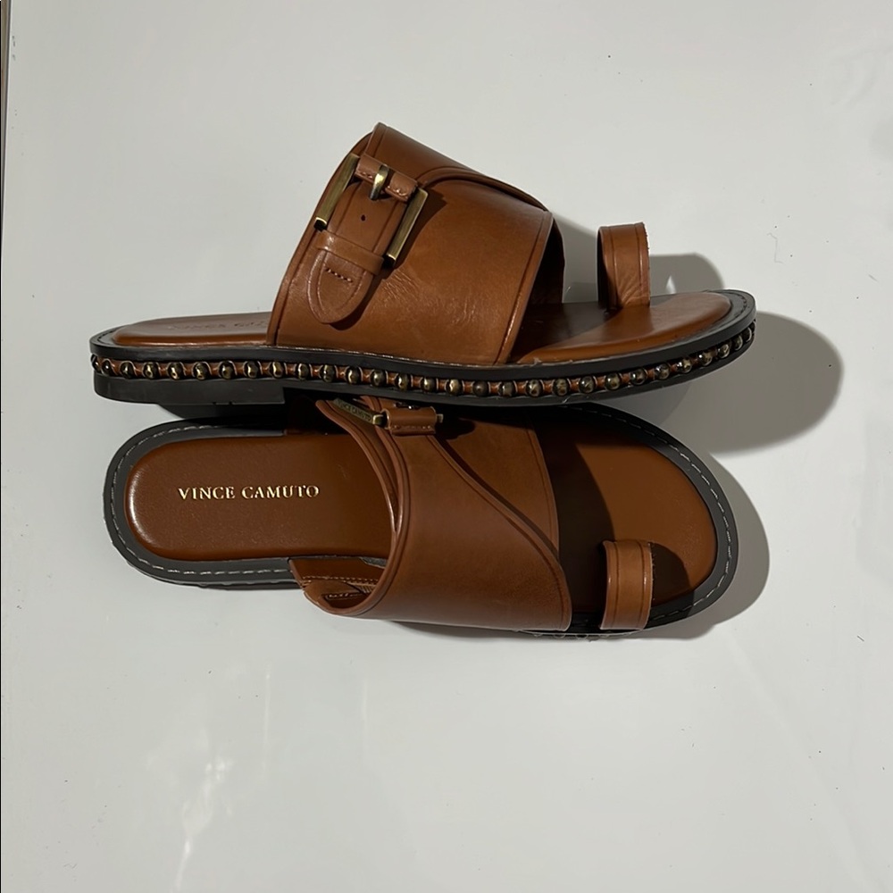 Vince Camuto Tan Leather Buckle Slides